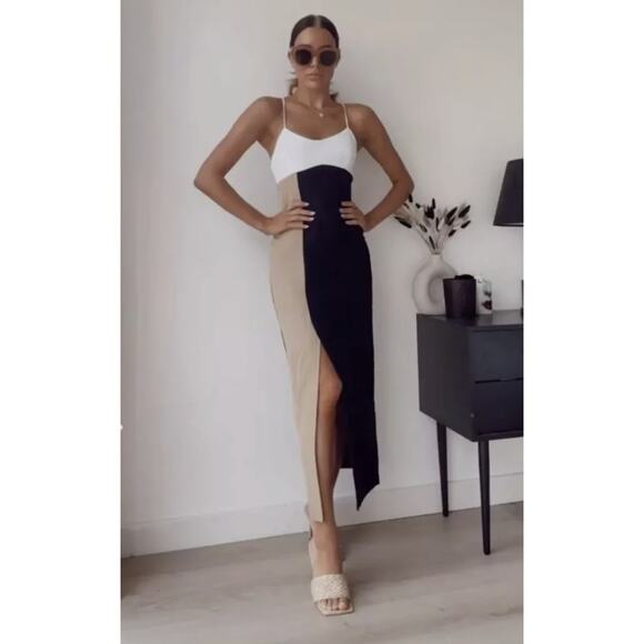 Zara Color Block Strappy Midi Dress WMNS M Black Tan White Scoop Cross Back Slit - Picture 11 of 11